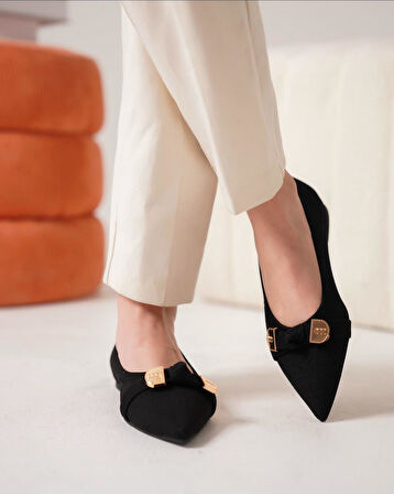 Feles Triko Fiyonk Detaylı Sivri Burun Kadın Babet Ayakkabı