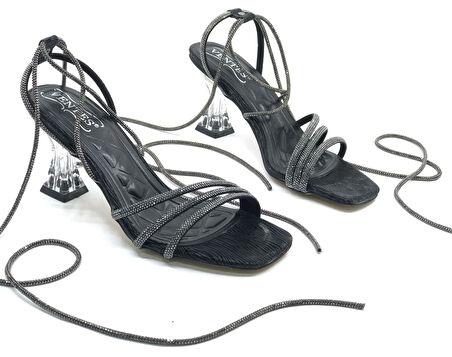 Ventes Bilekten Bağlamalı Şeffaf Topuklu Kadın Abiye Ayakkabı