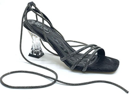 Ventes Bilekten Bağlamalı Şeffaf Topuklu Kadın Abiye Ayakkabı