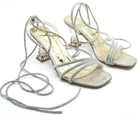 Ventes Bilekten Bağlamalı Şeffaf Topuklu Kadın Abiye Ayakkabı