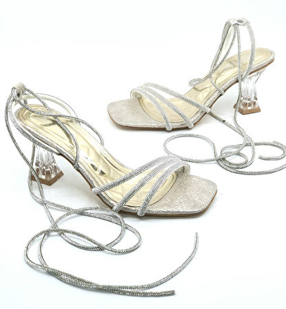 Ventes Bilekten Bağlamalı Şeffaf Topuklu Kadın Abiye Ayakkabı