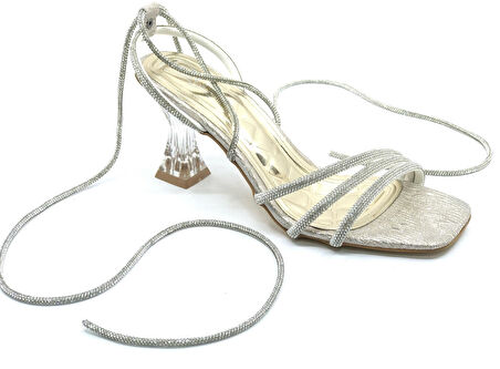 Ventes Bilekten Bağlamalı Şeffaf Topuklu Kadın Abiye Ayakkabı