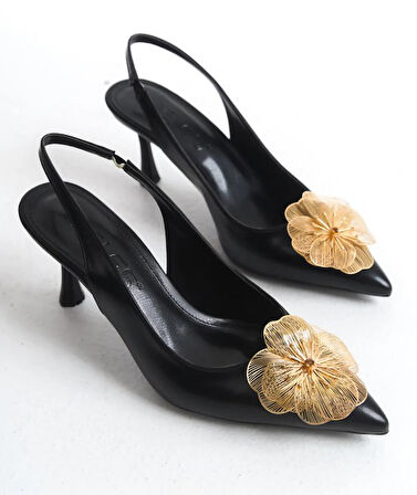 Feles Sarı Gül Detaylı Arkası Açık Stiletto Kadın Topuklu Ayakkabı