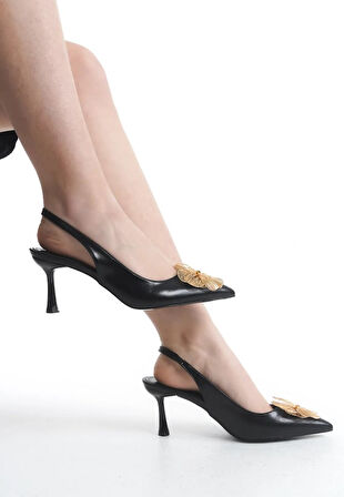 Feles Sarı Gül Detaylı Arkası Açık Stiletto Kadın Topuklu Ayakkabı