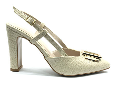 Feles Toka Detaylı Kalın Ökçe Arkası Açık Stiletto Kadın Topuklu Ayakkabı