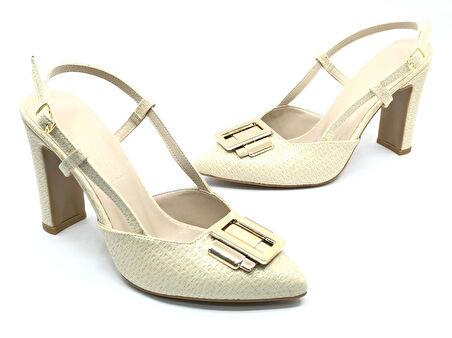 Feles Toka Detaylı Kalın Ökçe Arkası Açık Stiletto Kadın Topuklu Ayakkabı