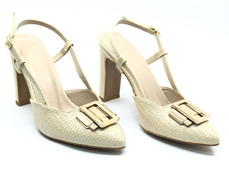 Feles Toka Detaylı Kalın Ökçe Arkası Açık Stiletto Kadın Topuklu Ayakkabı