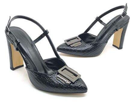 Feles Toka Detaylı Kalın Ökçe Arkası Açık Stiletto Kadın Topuklu Ayakkabı