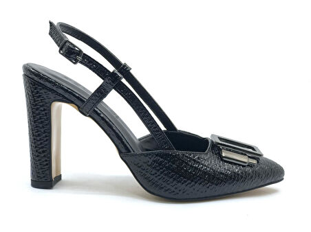 Feles Toka Detaylı Kalın Ökçe Arkası Açık Stiletto Kadın Topuklu Ayakkabı