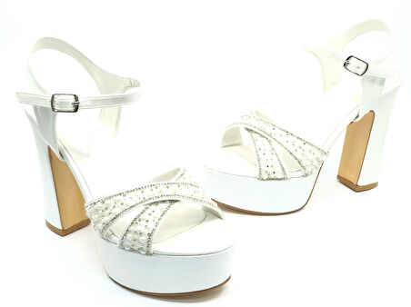 Feles Çapraz Taş Detaylı 13 cm Yüksek Platform Topuklu Taşlı Kadın Abiye Ayakkabı