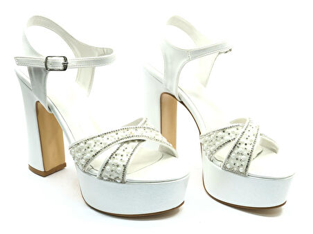 Feles Çapraz Taş Detaylı 13 cm Yüksek Platform Topuklu Taşlı Kadın Abiye Ayakkabı