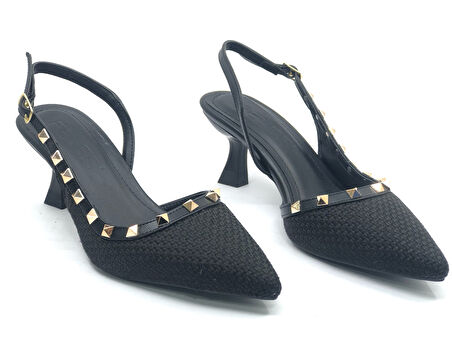 Feles Hasır Zımba Detaylı Arkası Açık Stiletto Kadın Topuklu Ayakkabı