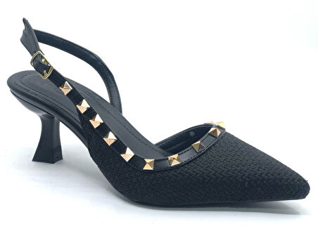 Feles Hasır Zımba Detaylı Arkası Açık Stiletto Kadın Topuklu Ayakkabı