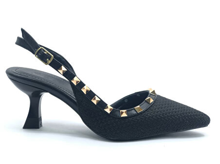 Feles Hasır Zımba Detaylı Arkası Açık Stiletto Kadın Topuklu Ayakkabı