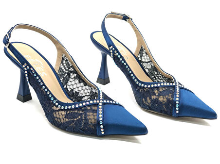 Feles Saten Dantel Taş Detaylı Arkası Açık Stiletto Kadın Topuklu Ayakkabı