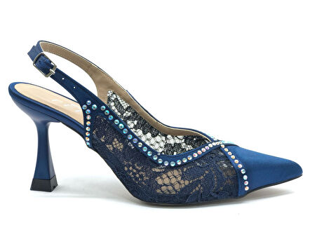 Feles Saten Dantel Taş Detaylı Arkası Açık Stiletto Kadın Topuklu Ayakkabı