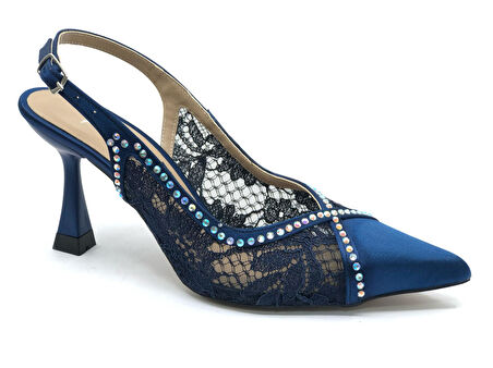 Feles Saten Dantel Taş Detaylı Arkası Açık Stiletto Kadın Topuklu Ayakkabı