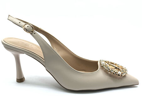 Feles Taşlı Toka Detaylı Arkası Açık Stiletto Kadın Topuklu Ayakkabı