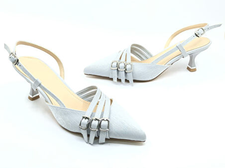 Feles Şeker Topuklu Üç Toka Detaylı Arkası Açık Stiletto Kadın Kısa Topuklu Ayakkabı