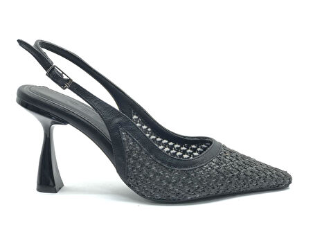 Feles Hasır Detaylı Arkası Açık Stiletto Kadın Topuklu Ayakkabı