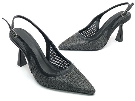 Feles Hasır Detaylı Arkası Açık Stiletto Kadın Topuklu Ayakkabı