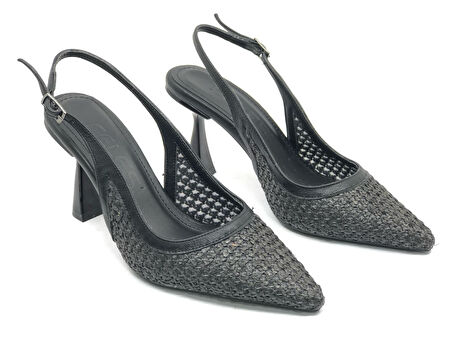 Feles Hasır Detaylı Arkası Açık Stiletto Kadın Topuklu Ayakkabı