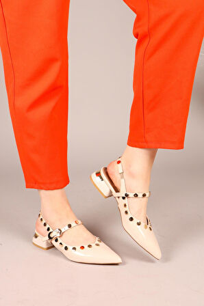 Feles Sarı Pul Detaylı Arkası Açık Kadın Babet Ayakkabı