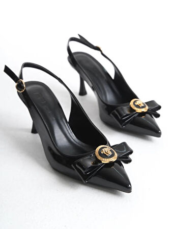 Feles Fiyonk Sarı Toka Detaylı Arkası Açık Stiletto Kadın Topuklu Ayakkabı