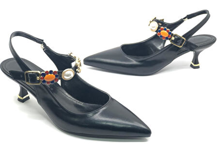 Feles İnci Toka Detaylı Arkası Açık Stiletto Kadın Topuklu Ayakkabı