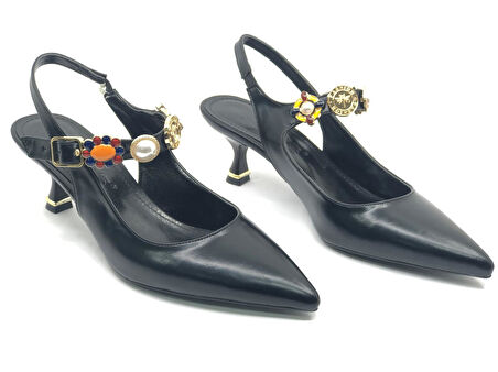 Feles İnci Toka Detaylı Arkası Açık Stiletto Kadın Topuklu Ayakkabı