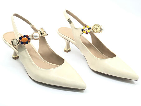 Feles İnci Toka Detaylı Arkası Açık Stiletto Kadın Topuklu Ayakkabı