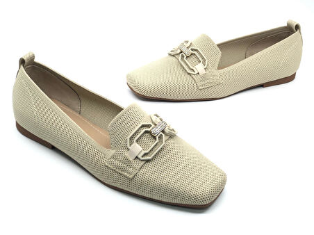 Feles Triko Toka Detaylı Küt Burun Kadın Babet Ayakkabı