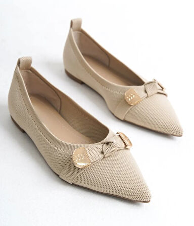 Feles Triko Fiyonk Detaylı Sivri Burun Kadın Babet Ayakkabı