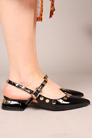 Feles Sarı Pul Detaylı Arkası Açık Kadın Babet Ayakkabı