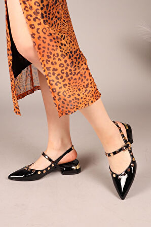 Feles Sarı Pul Detaylı Arkası Açık Kadın Babet Ayakkabı