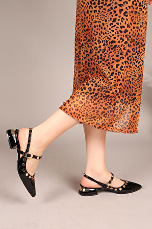 Feles Sarı Pul Detaylı Arkası Açık Kadın Babet Ayakkabı