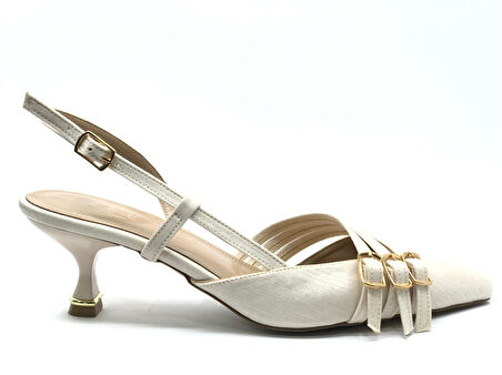 Feles Şeker Topuklu Üç Toka Detaylı Arkası Açık Stiletto Kadın Kısa Topuklu Ayakkabı