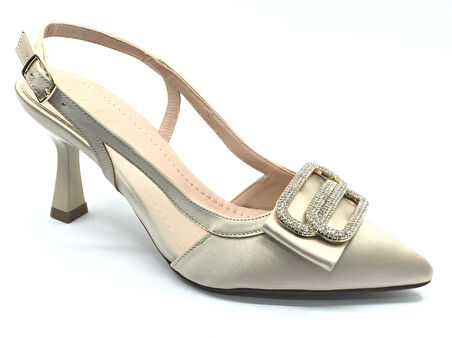 Feles Arkası Açık Yanı Şeffaf Taş Detaylı Kadın Topuklu Ayakkabı