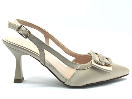 Feles Arkası Açık Yanı Şeffaf Taş Detaylı Kadın Topuklu Ayakkabı