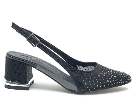 Feles Arkası Açık Şeffaf Taş Detaylı Sindirella Kadın Kısa Topuklu Ayakkabı