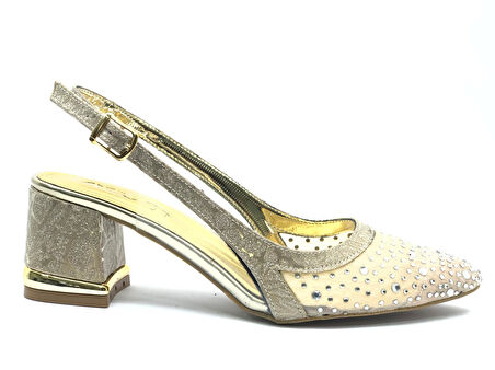 Feles Arkası Açık Şeffaf Taş Detaylı Sindirella Kadın Kısa Topuklu Ayakkabı