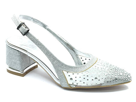 Feles Arkası Açık Şeffaf Taş Detaylı Sindirella Kadın Kısa Topuklu Ayakkabı