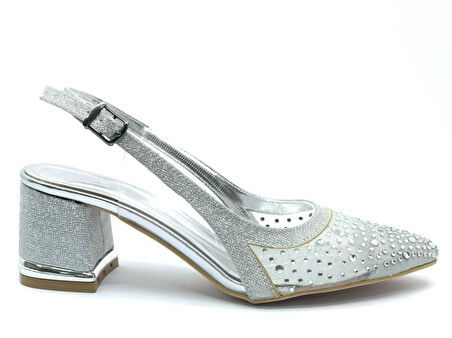 Feles Arkası Açık Şeffaf Taş Detaylı Sindirella Kadın Kısa Topuklu Ayakkabı