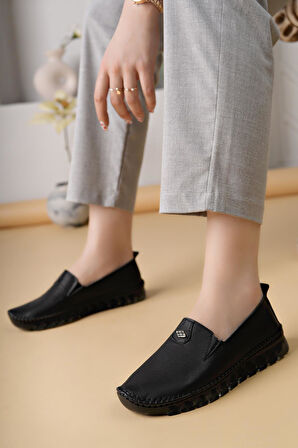 Ayakdaş Saraç Detaylı Şeffaf Taban Hakiki Deri Kadın Babet Ayakkabı