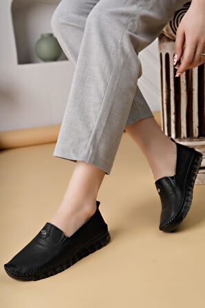 Ayakdaş Saraç Detaylı Şeffaf Taban Hakiki Deri Kadın Babet Ayakkabı