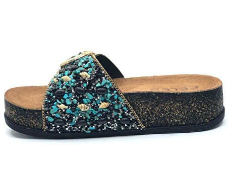 Feles Tek Toka Mantar Taban Taş Detaylı Kadın Terlik