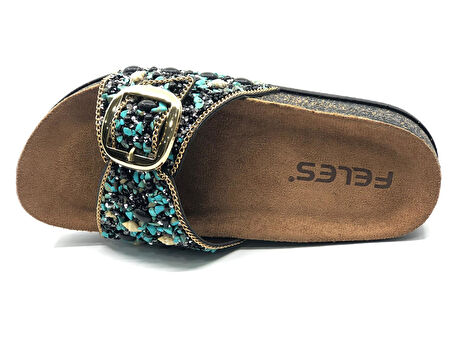 Feles Tek Toka Mantar Taban Taş Detaylı Kadın Terlik