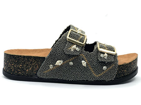 Feles Çift Toka Mantar Taban Taş Detaylı Kadın Terlik