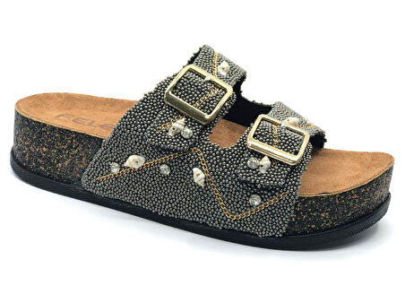 Feles Çift Toka Mantar Taban Taş Detaylı Kadın Terlik