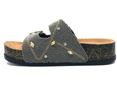 Feles Çift Toka Mantar Taban Taş Detaylı Kadın Terlik